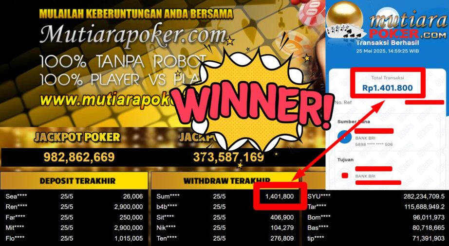 Bukti Withdraw ( 1.401.800,- ) Member Setia Mutiarapoker