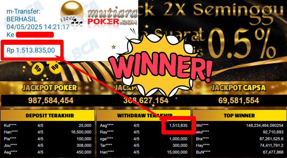 Bukti Withdraw ( 1.513.835,-) Member Setia Mutiarapoker