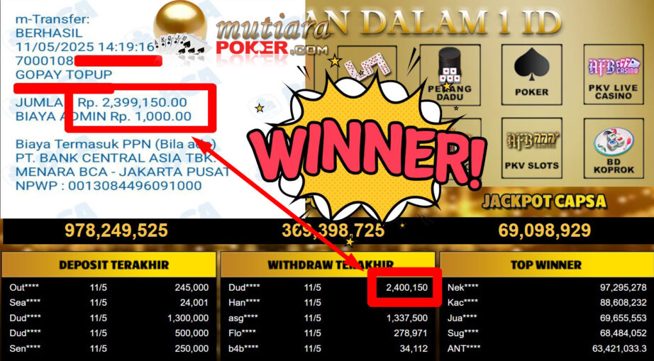 Bukti Withdraw ( 2.400.150,- ) Member Setia Mutiarapoker