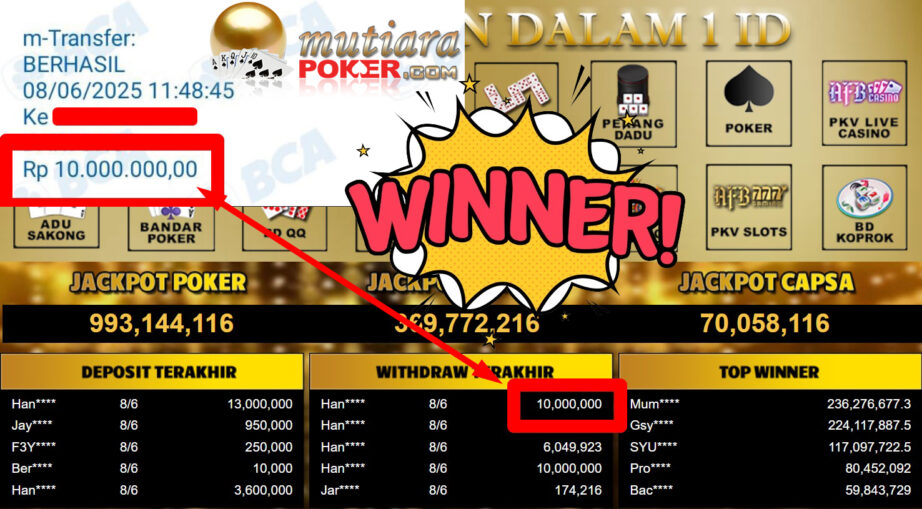 Bukti Withdraw ( 10.000.000,- ) Member Setia Mutiarapoker