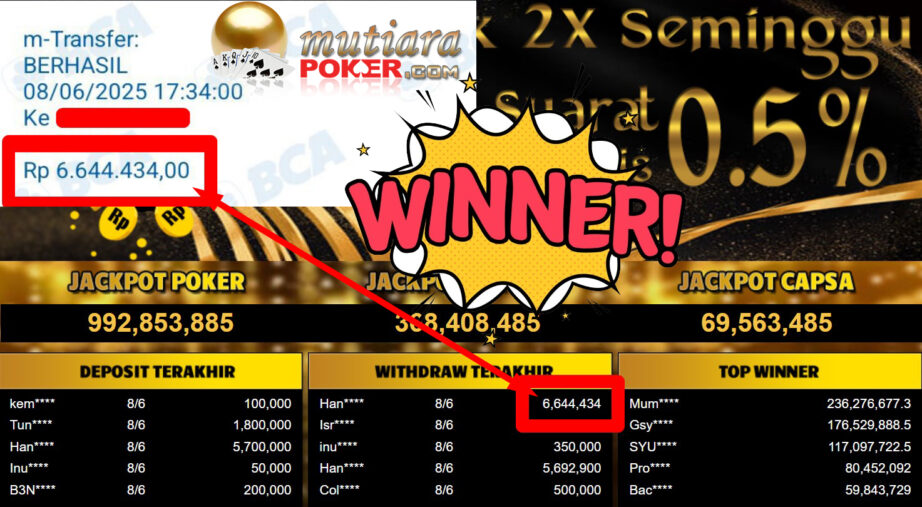 Bukti Withdraw ( 6.644.434,- ) Member Setia Mutiarapoker