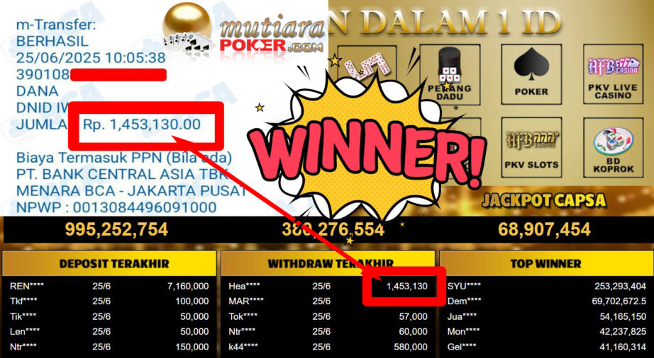 Bukti Withdraw ( 1.453.130,- ) Member Setia Mutiarapoker
