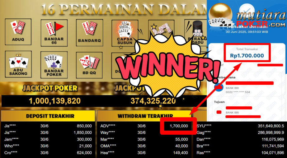 Bukti Withdraw ( 1.700.000,- ) Member Setia Mutiarapoker