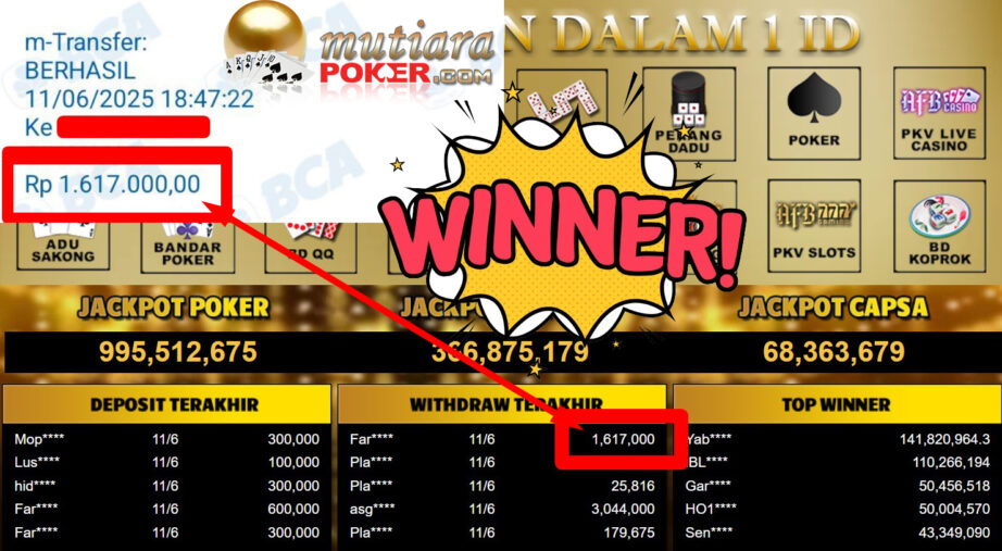 Bukti Withdraw ( 1.617.000,-) Member Setia Mutiarapoker