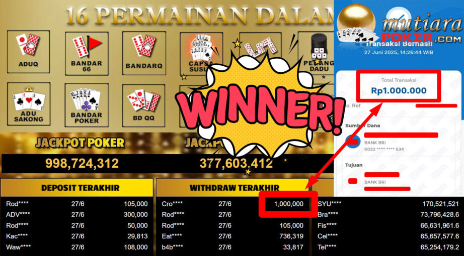 Bukti Withdraw ( 1.000.000,- ) Member Setia MutiaraPoker