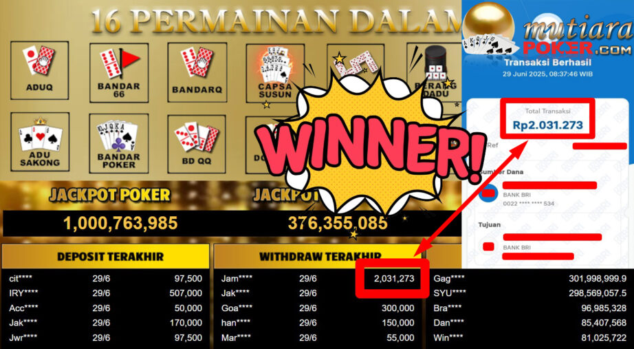 Bukti Withdraw ( 2.031.273,-) Member Setia MutiaraPoker