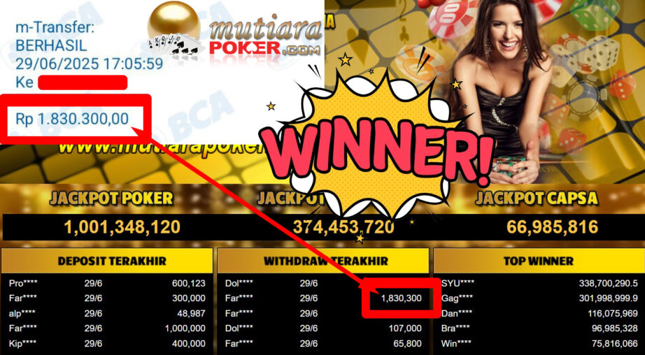 Bukti Withdraw ( 1.830.300,-) Member Setia MutiaraPoker