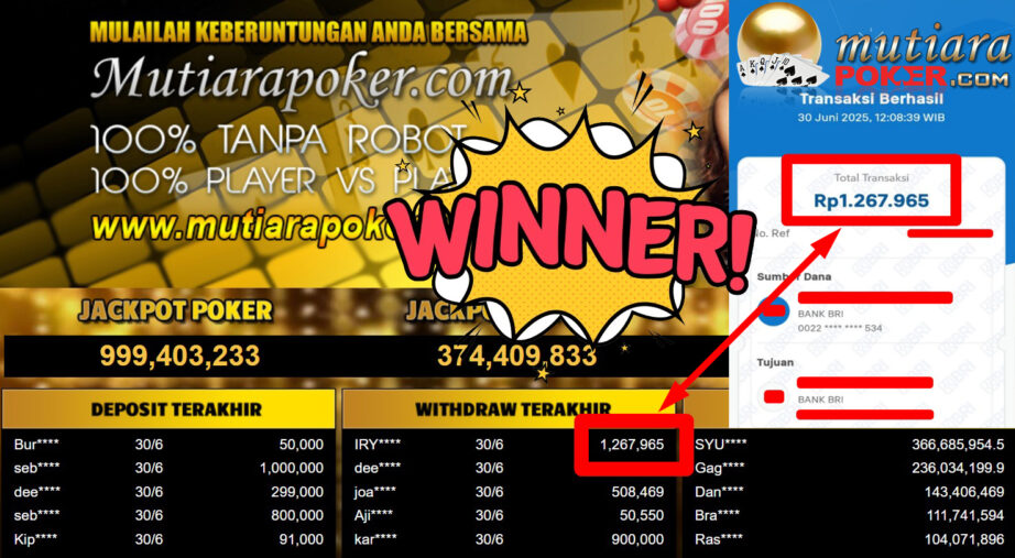 Bukti Withdraw ( 1.267.965,- ) Member Setia Mutiarapoker