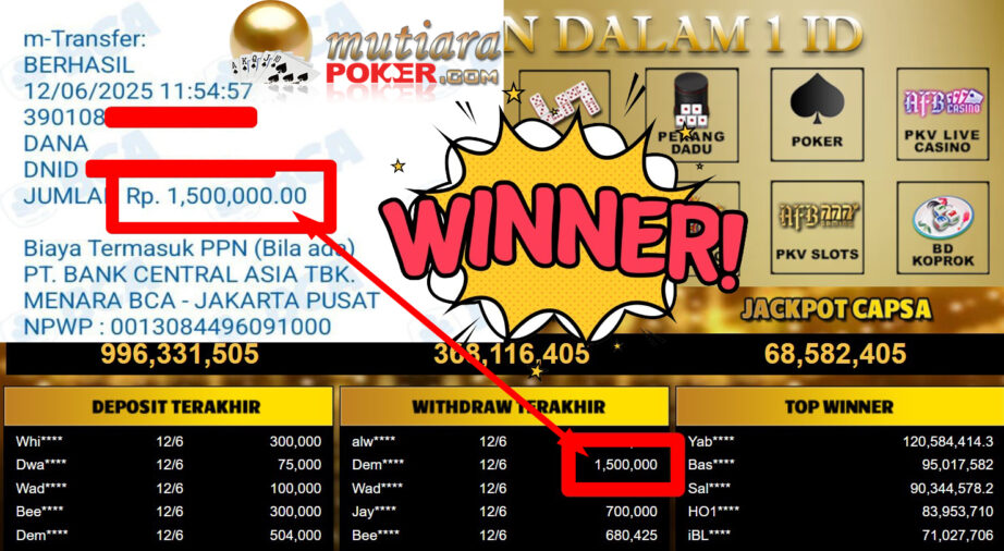 Bukti Withdraw ( 1.500.000,- ) Member Setia Mutiarapoker