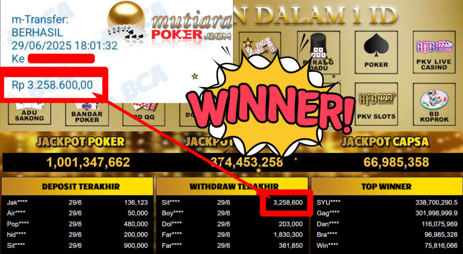 Bukti Withdraw ( 3.258.600,- ) Member Setia MutiaraPoker