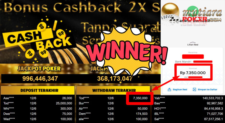 Bukti Withdraw ( 7.350.000,- ) Member Setia Mutiarapoker