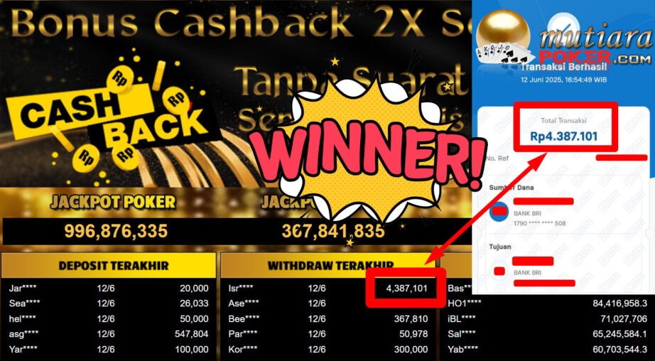 Bukti Withdraw ( 4.387.101,- ) Member Setia Mutiarapoker