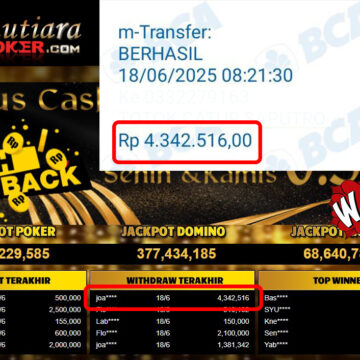 Bukti Withdraw ( 4,342,516,- ) Member Setia Mutiarapoker