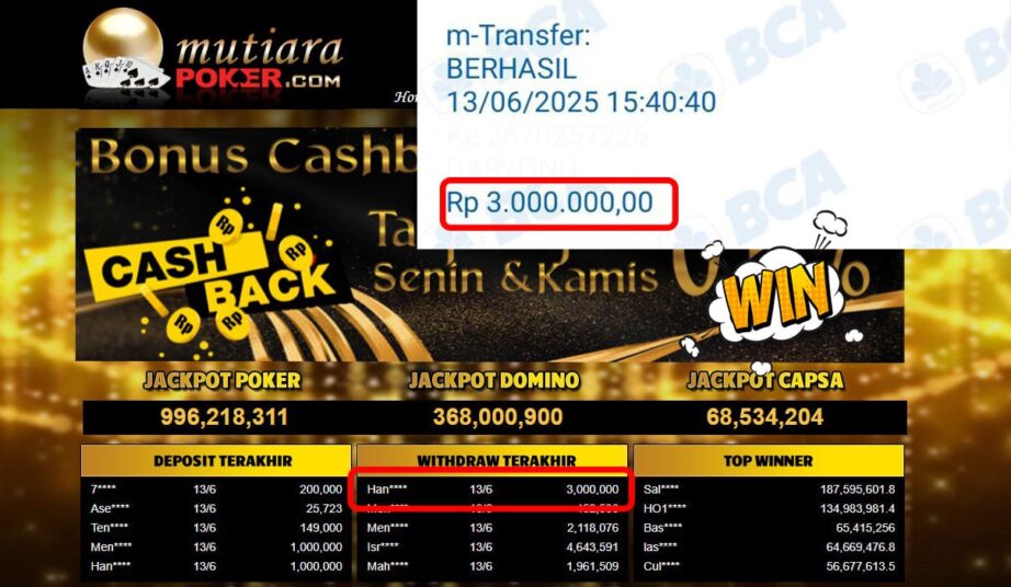 Bukti Withdraw ( 3.000.000,- ) Member Setia Mutiarapoker
