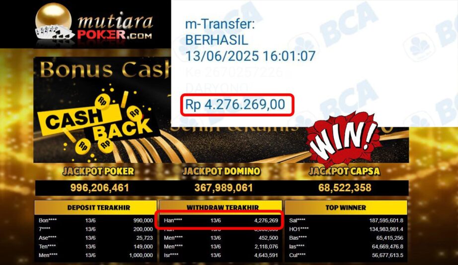 Bukti Withdraw ( 4.276.269,- ) Member Setia Mutiarapoker