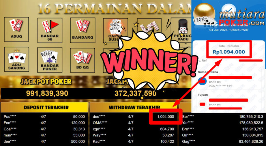Bukti Withdraw ( 1.094.000,- ) Member Setia MutiaraPoker