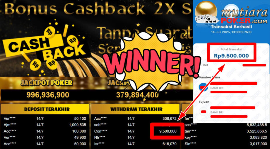 Bukti Withdraw ( 9.500.000,- ) Member Setia MutiaraPoker