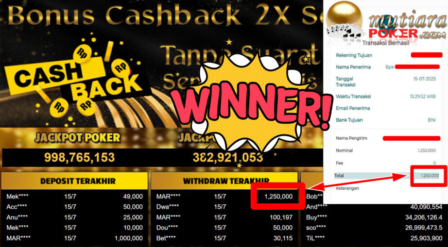 Bukti Withdraw ( 1.250.000,- ) Member Setia MutiaraPoker