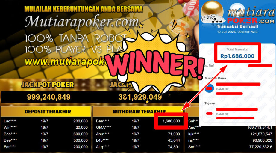 Bukti Withdraw ( 1.686.000,- ) Member Setia MutiaraPoker
