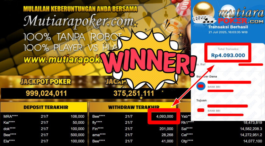 Bukti Withdraw ( 4.093.000,- ) Member Setia MutiaraPoker
