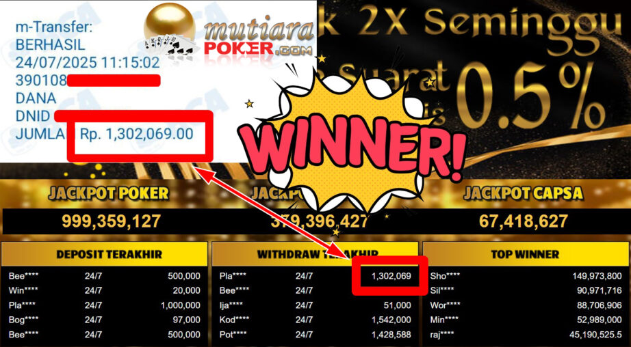 Bukti Withdraw ( 1.302.069,- ) Member Setia MutiaraPoker
