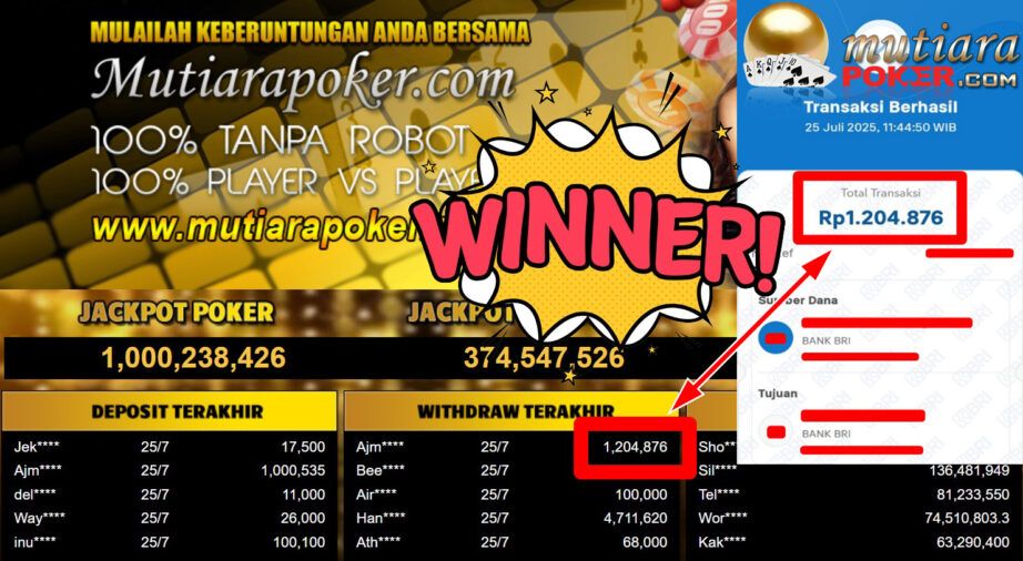 Bukti Withdraw ( 1.204.876,- ) Member Setia MutiaraPoker