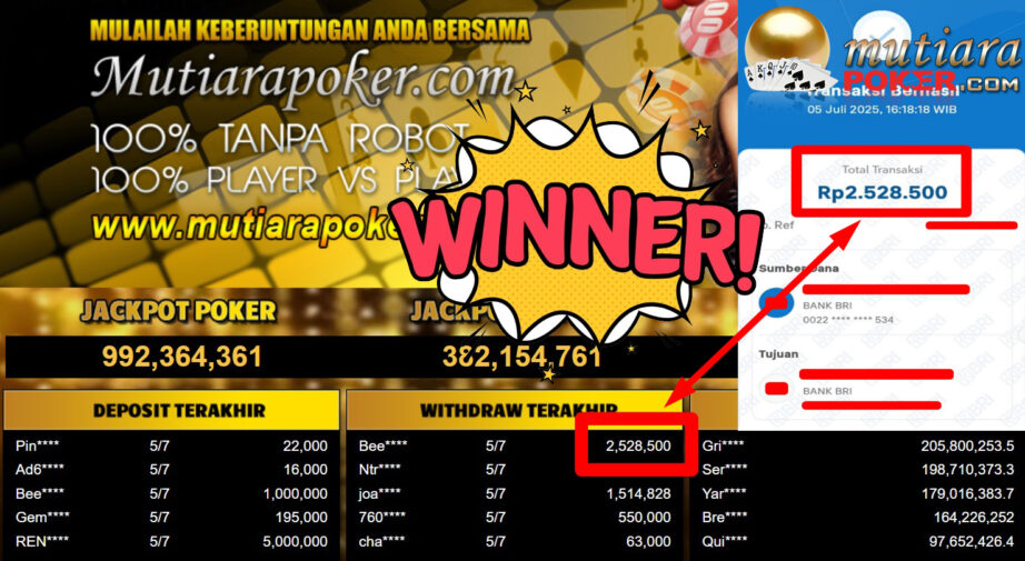 Bukti Withdraw ( 2.528.500,- ) Member Setia MutiaraPoker