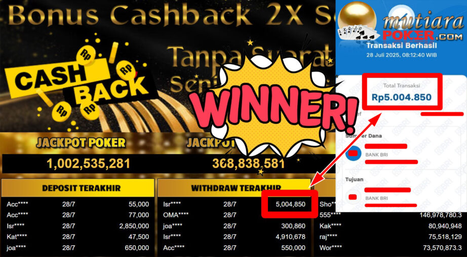 Bukti Withdraw ( 5.004.850,- ) Member Setia MutiaraPoker