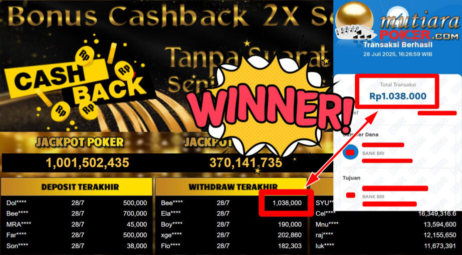 Bukti Withdraw ( 1.038.000,- ) Member Setia MutiaraPoker