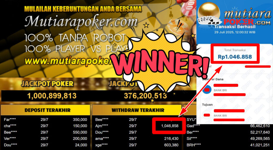 Bukti Withdraw ( 1.046.858,- ) Member Setia MutiaraPoker