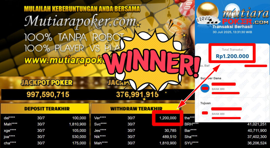 Bukti Withdraw ( 1.200.000,- ) Member Setia MutiaraPoker