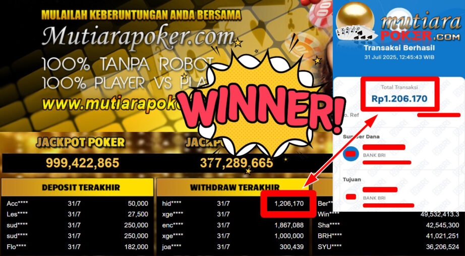 Bukti Withdraw ( 1.206.170,- ) Member Setia MutiaraPoker