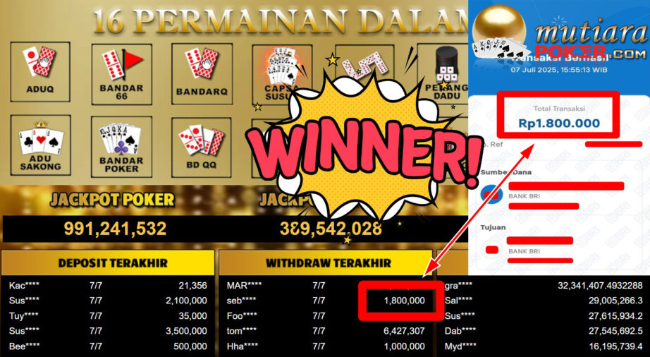 Bukti Withdraw ( 1.800.000,- ) Member Setia MutiaraPoker