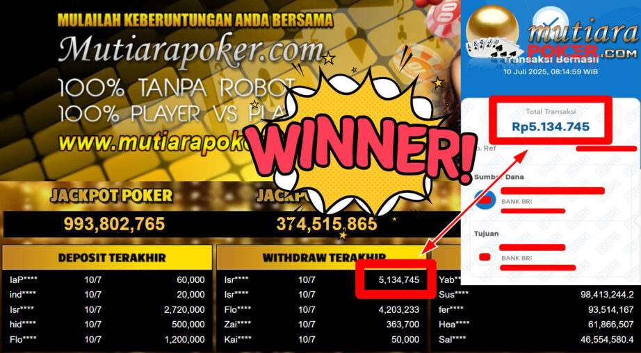 Bukti Withdraw ( 5.134.745,- ) Member Setia MutiaraPoker