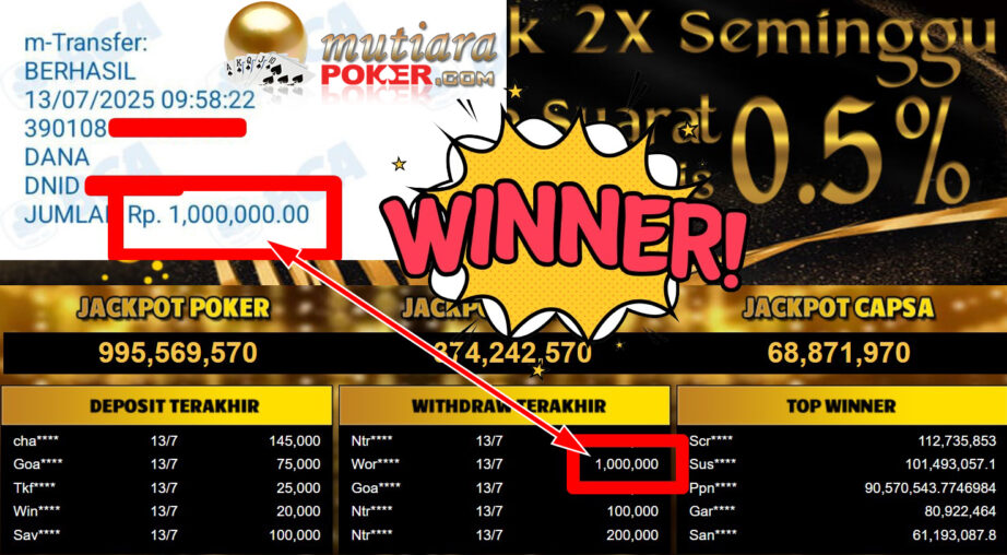 Bukti Withdraw ( 1.000.000,- ) Member Setia MutiaraPoker