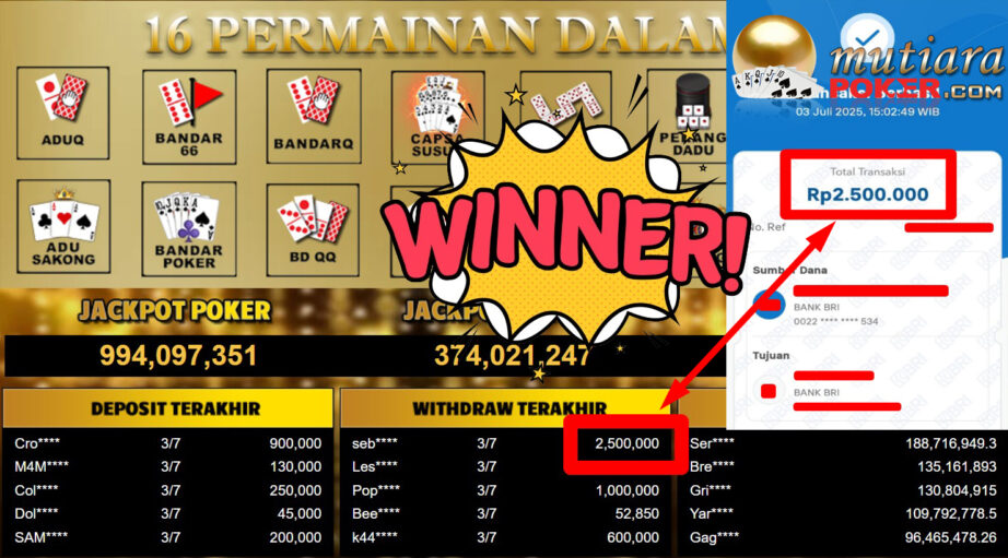 Bukti Withdraw ( 2.500.000,- ) Member Setia MutiaraPoker