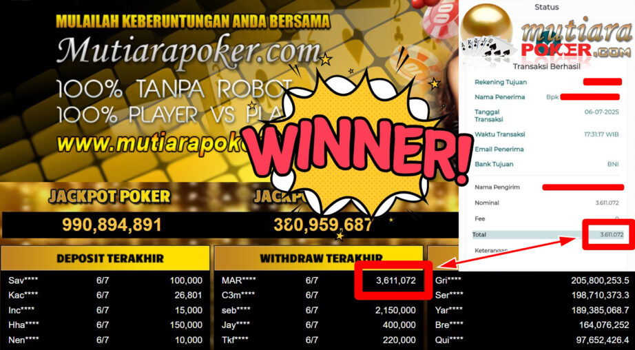 Bukti Withdraw ( 3.611.072,- ) Member Setia MutiaraPoker