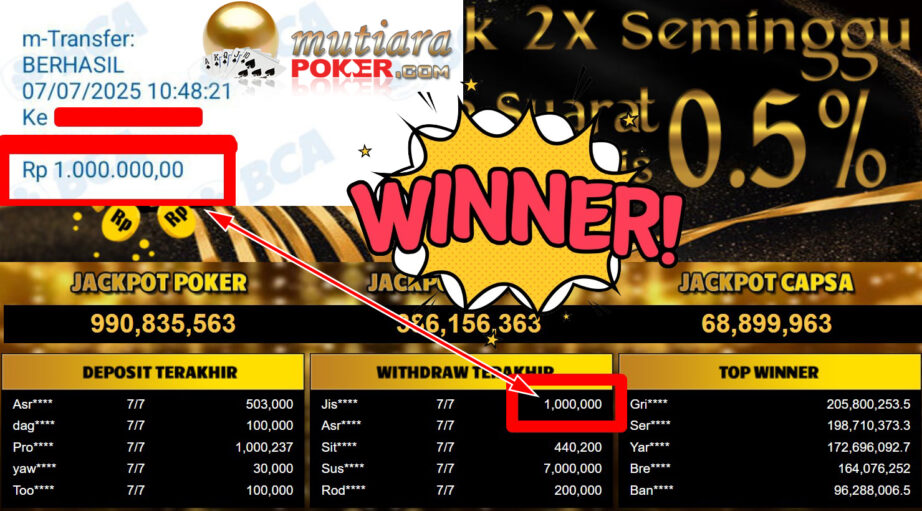 Bukti Withdraw ( 1.000.000,- ) Member Setia MutiaraPoker