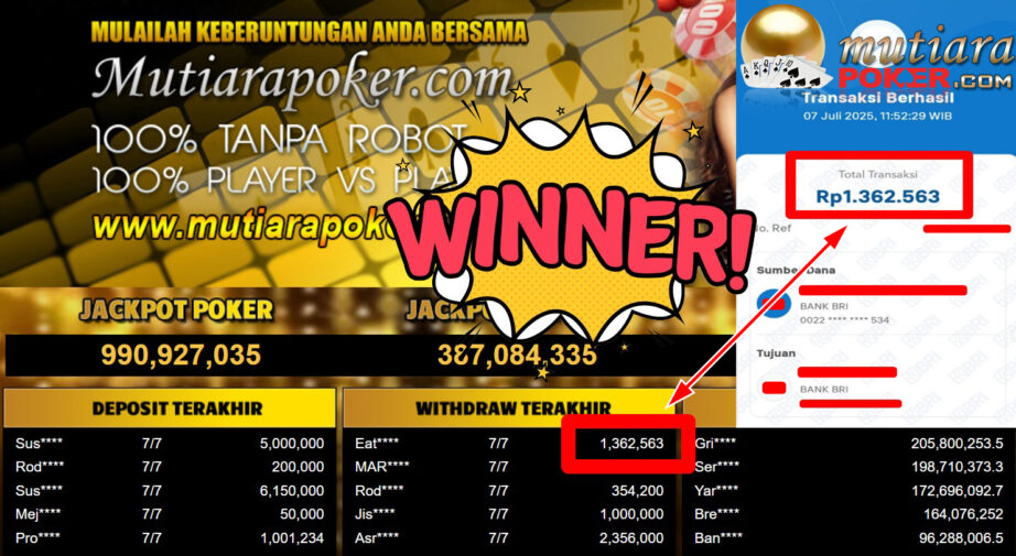 Bukti Withdraw ( 1.362.563,- ) Member Setia MutiaraPoker