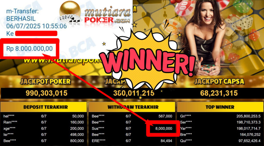 Bukti Withdraw ( 8.000.000,- ) Member Setia MutiaraPoker