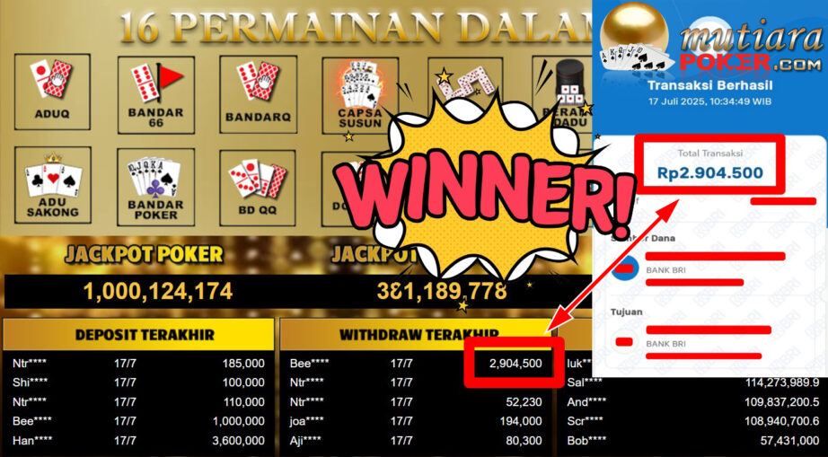 Bukti Withdraw ( 2.904.500,- ) Member Setia MutiaraPoker