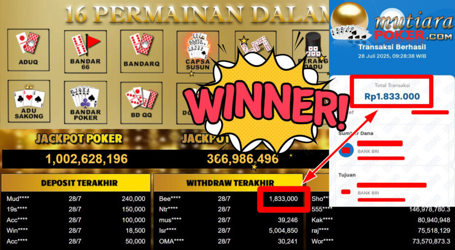 Bukti Withdraw ( 1.833.000,- ) Member Setia MutiaraPoker