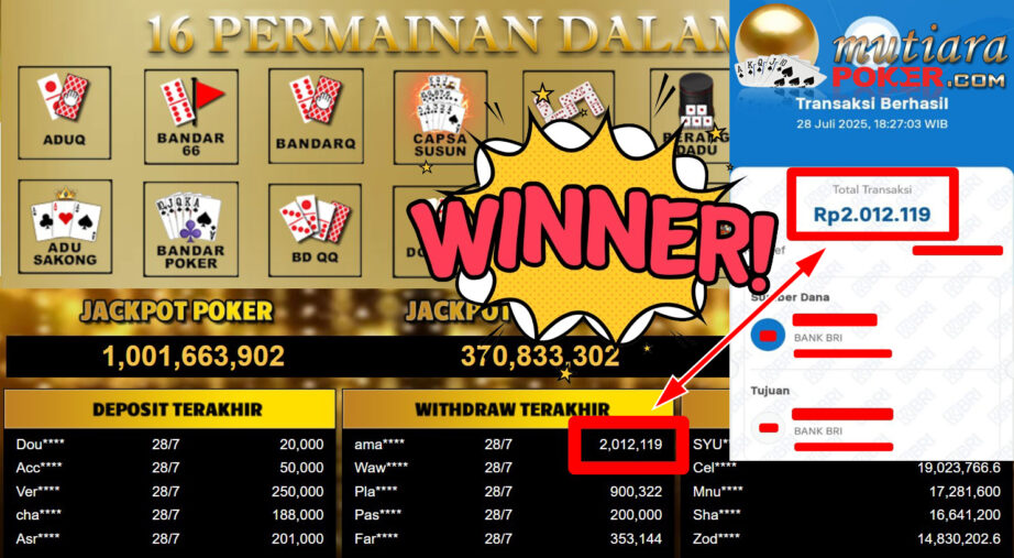 Bukti Withdraw ( 2.012.119,- ) Member Setia MutiaraPoker