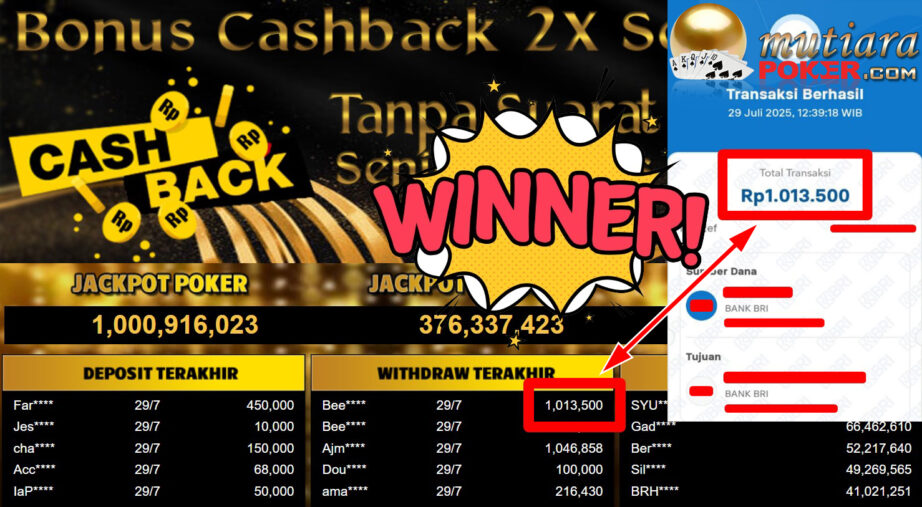 Bukti Withdraw ( 1.013.500,- ) Member Setia MutiaraPoker