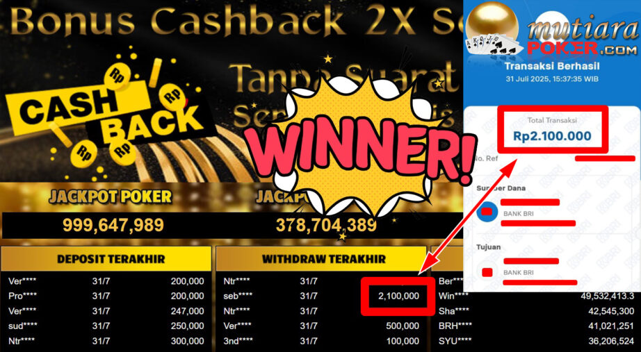 Bukti Withdraw ( 2.100.000,- ) Member Setia MutiaraPoker