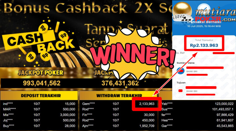 Bukti Withdraw ( 2.133.963,- ) Member Setia MutiaraPoker