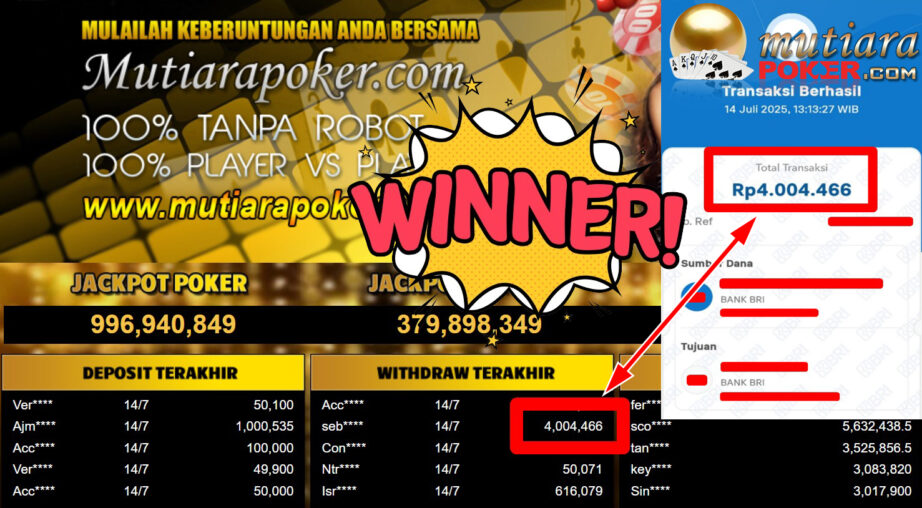 Bukti Withdraw ( 4.004.466,- ) Member Setia MutiaraPoker