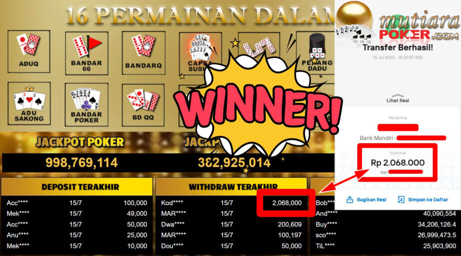 Bukti Withdraw ( 2.068.000,- ) Member Setia MutiaraPoker