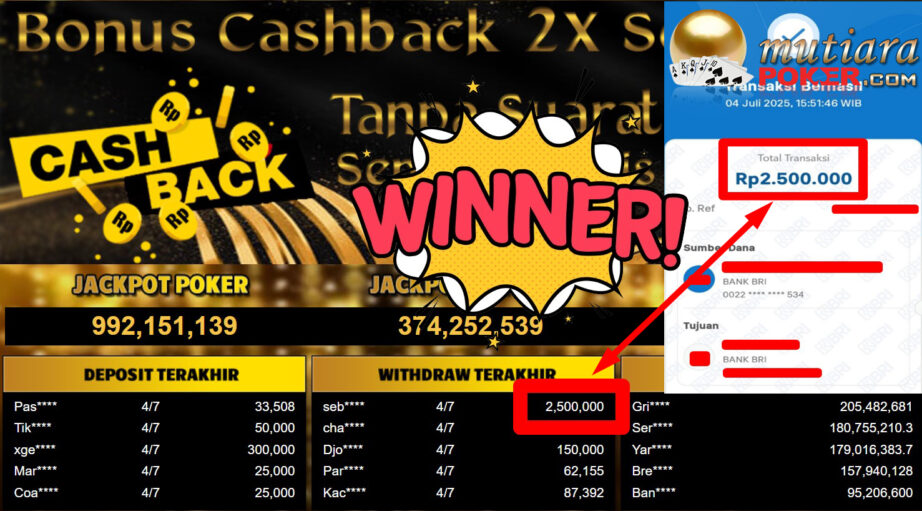 Bukti Withdraw ( 2.500.000,- ) Member Setia MutiaraPoker