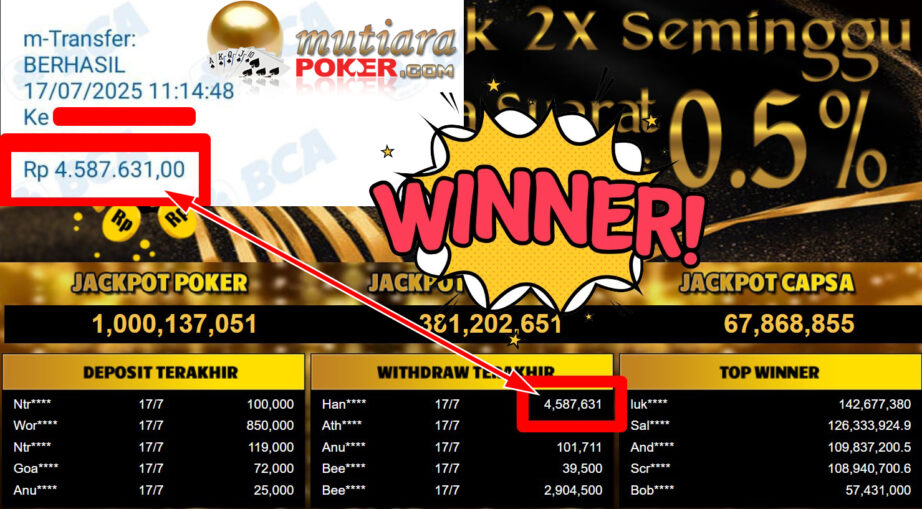Bukti Withdraw ( 4.587.631,- ) Member Setia MutiaraPoker